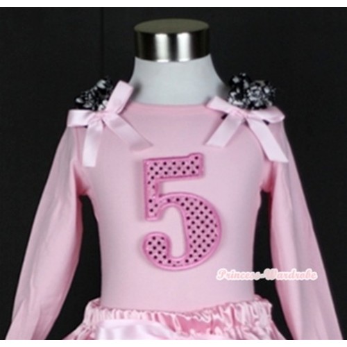 Light Pink Long Sleeves Top with 5th Sparkle Light Pink Birthday Number Print With Damask Ruffles & Light Pink Bow TW325 